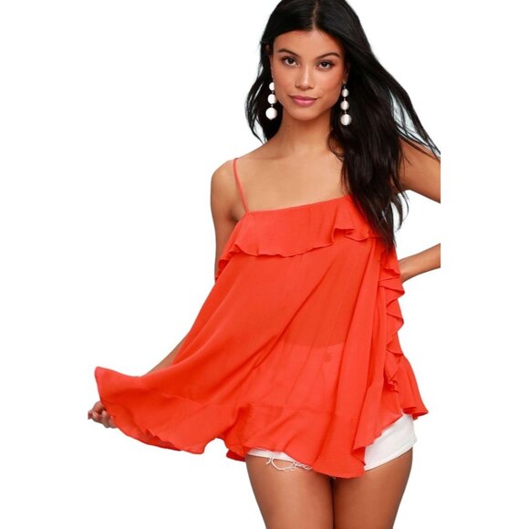 Free People Tops - Free People Cascades Ruffle Cami in Coral Red Orange Flowy Size XS